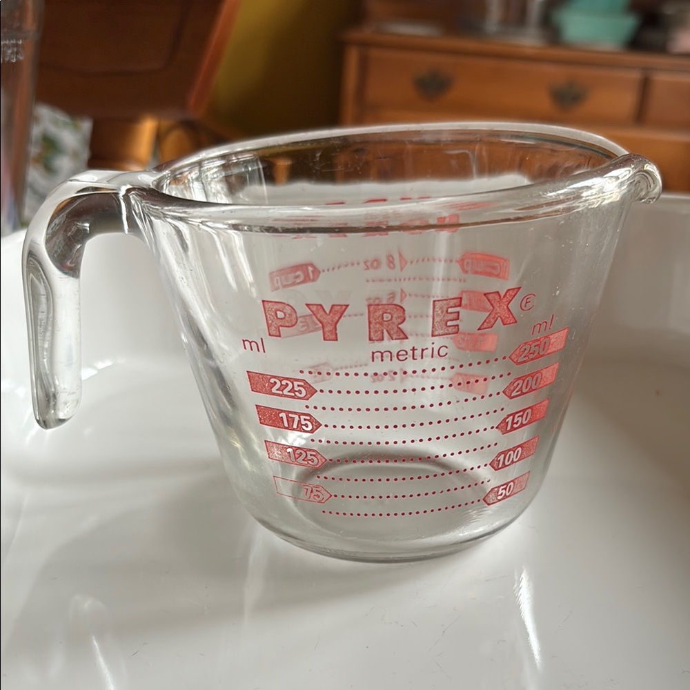 Pyrex Glass Cup with Red Metric Markings